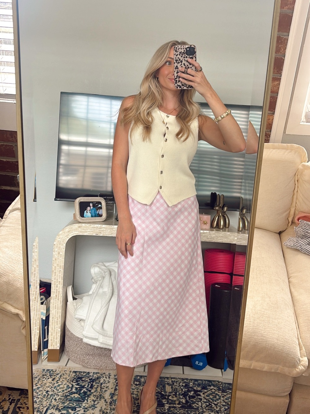 Ann Taylor Petite Gingham Linen Blend Midi Slip Skirt